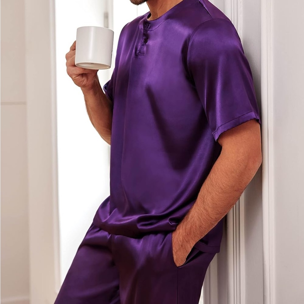 Ekouaer Mens Silk Satin Pajama Set Short Sleeve Sleepwear and Long Pants